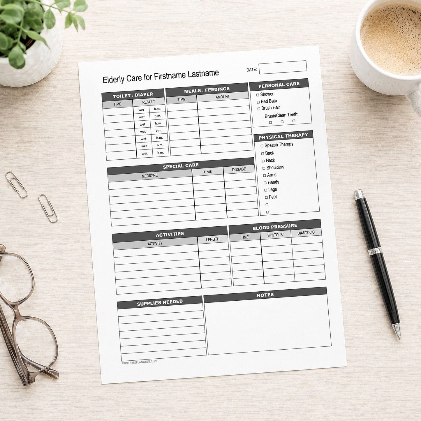 A printed Caregiver Daily Log for Elderly Care - Printable Care Tracking Sheet laid on a light wood desk, surrounded by lifestyle items including a coffee cup, eyeglasses, paper clips, and a pen.