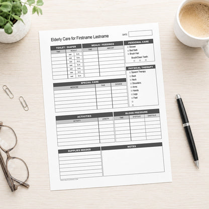 A printed Caregiver Daily Log for Elderly Care - Printable Care Tracking Sheet laid on a light wood desk, surrounded by lifestyle items including a coffee cup, eyeglasses, paper clips, and a pen.
