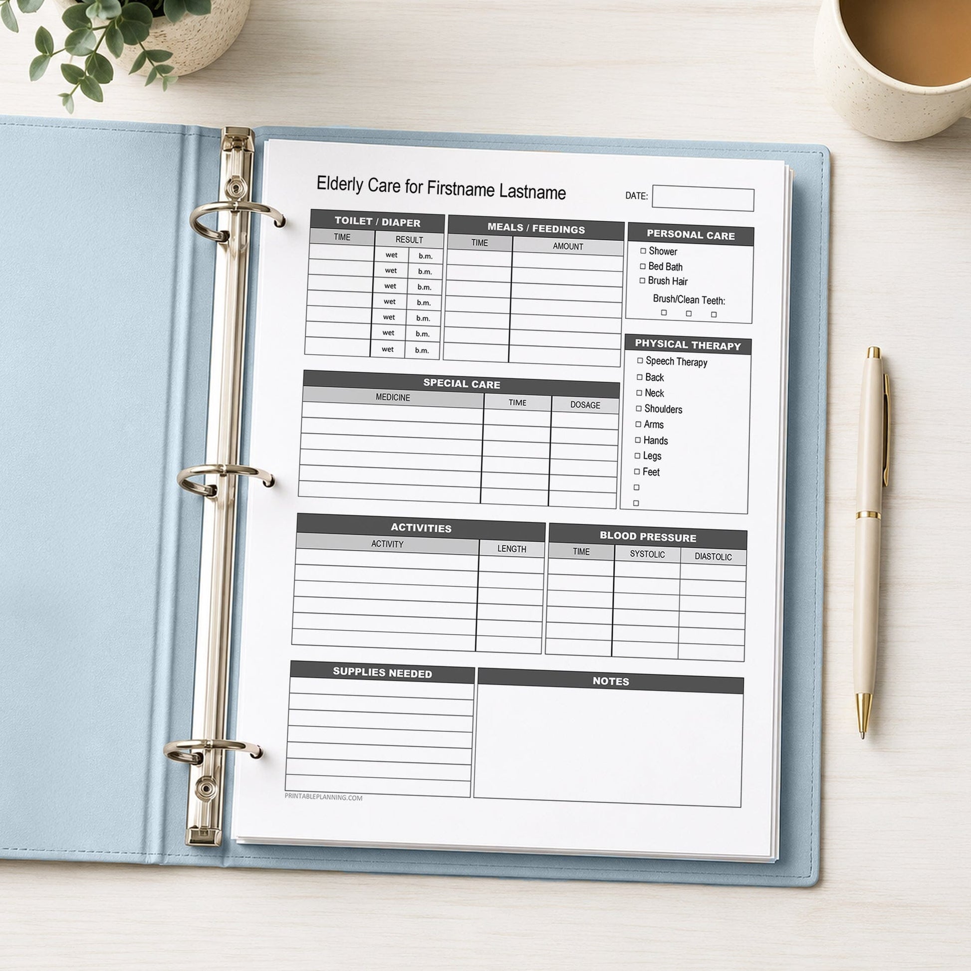 An open light blue binder with a printed Caregiver Daily Log for Elderly Care - Printable Care Tracking Sheet on a light tabletop, styled with a small plant, a cup, and a gold pen.