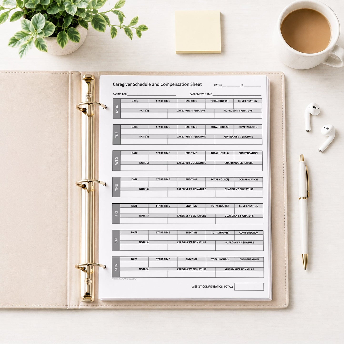 Caregiver Schedule and Compensation Sheet shown in a beige binder on a desk with earbuds, notes, coffee, a plant, and a pen.