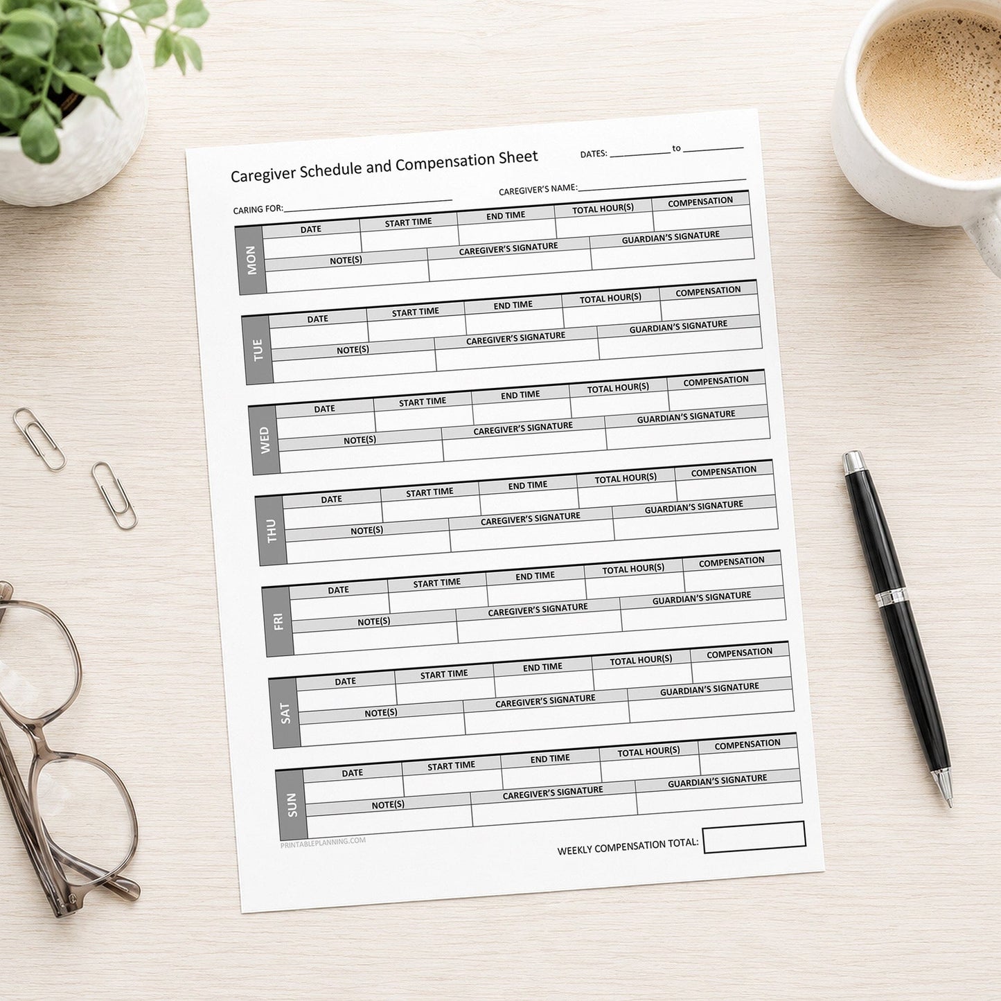 Caregiver Schedule and Compensation Sheet shown on a desk with glasses, coffee, plant, and a pen.