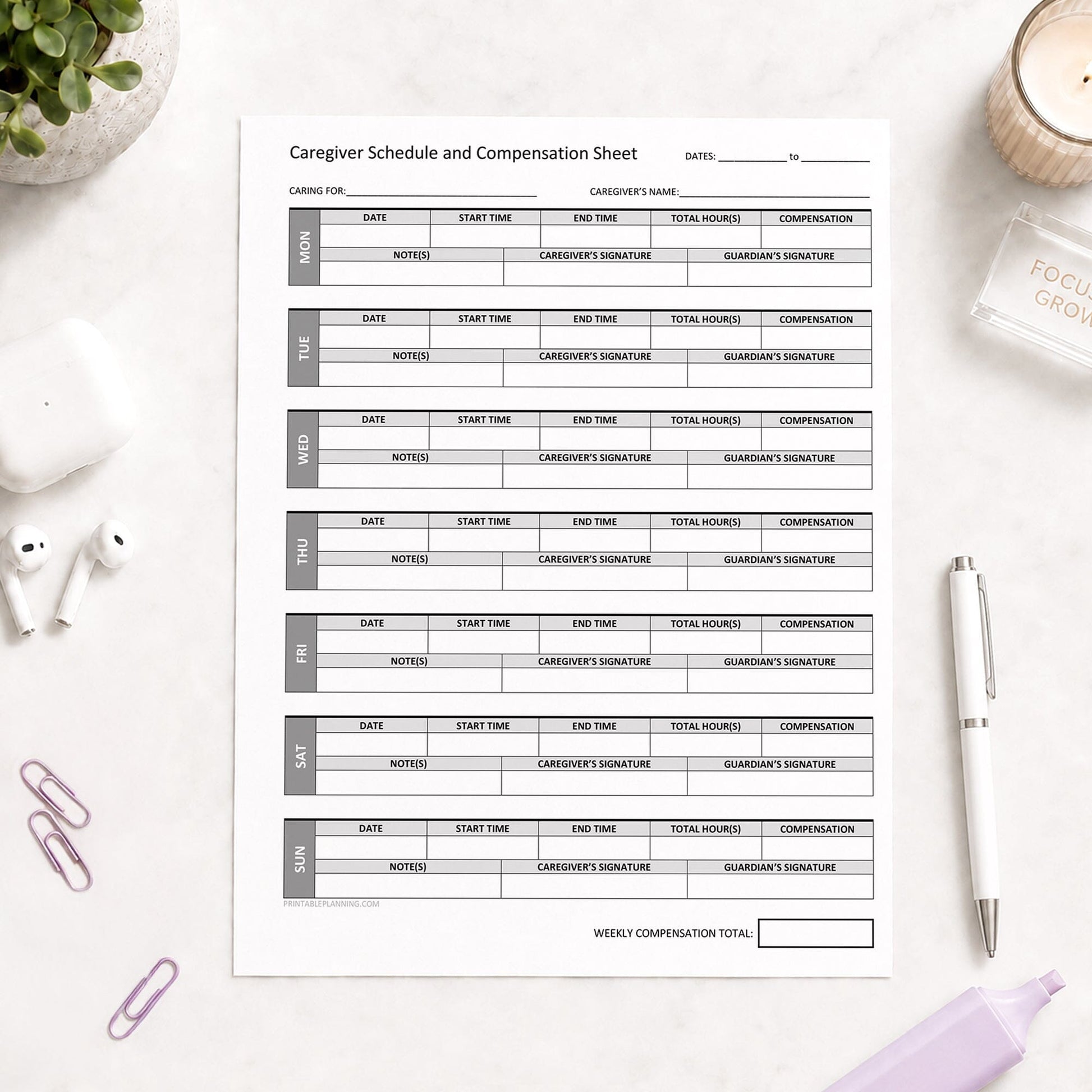 Caregiver Schedule and Compensation Sheet shown on a light desk with earbuds, paperclips, highlighter, plant, and a pen.