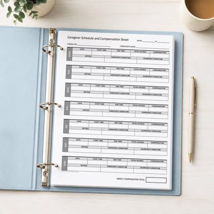 Caregiver Schedule and Compensation Sheet shown in a light blue binder on a desk with a plant, coffee, and a pen.