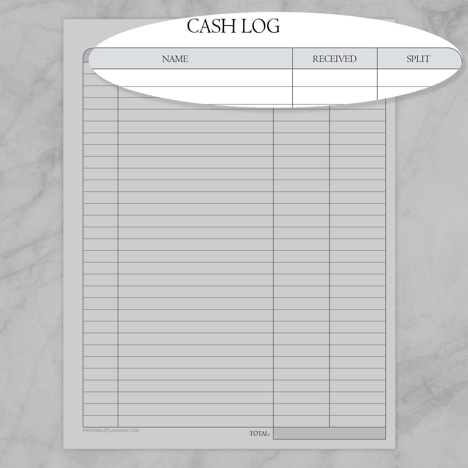 An image showing a zoomed-in area of a cash log sheet for the columns for name, received, and split.