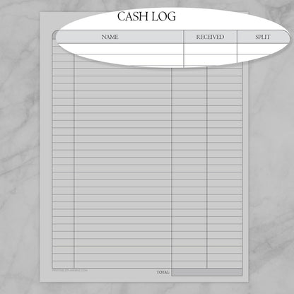 An image showing a zoomed-in area of a cash log sheet for the columns for name, received, and split.