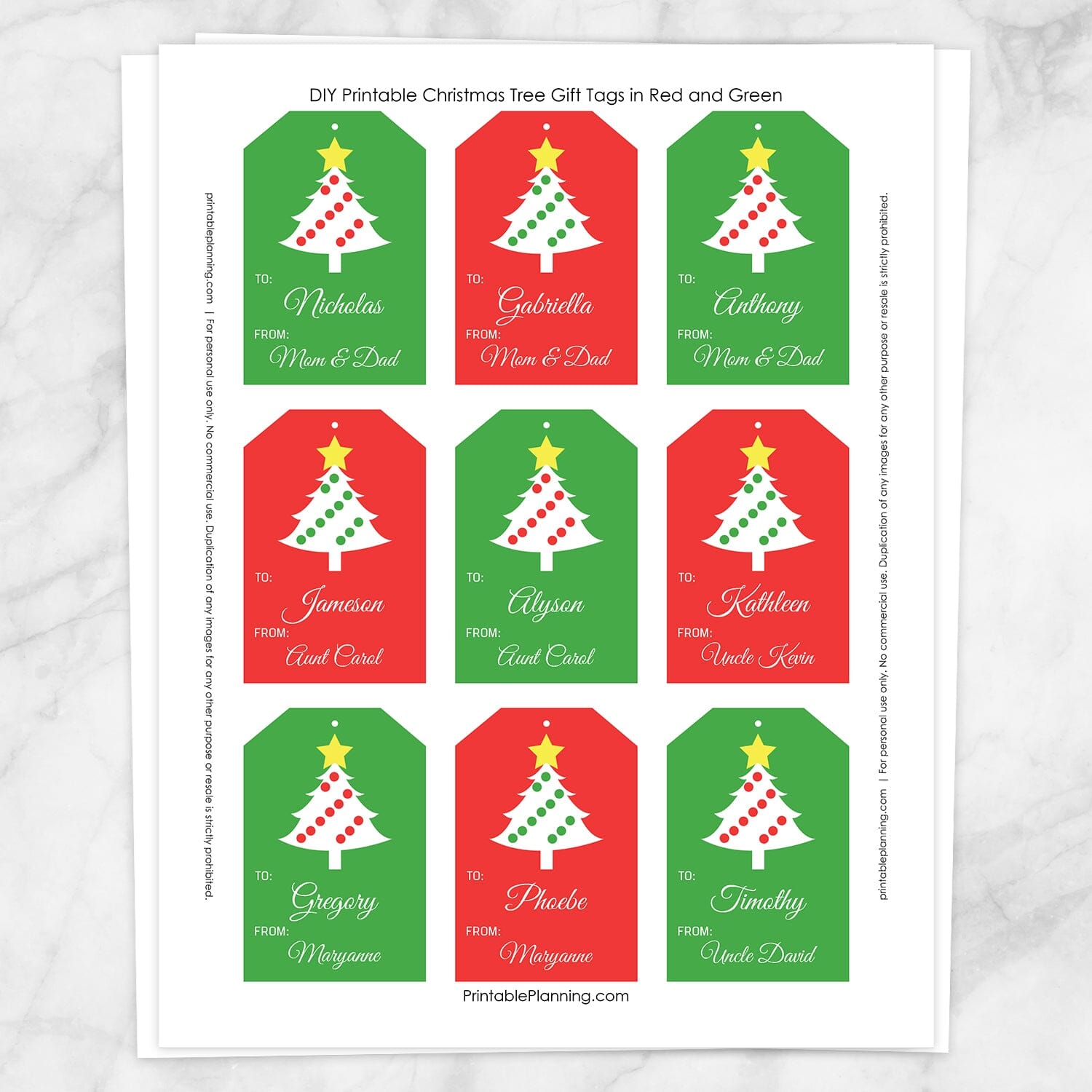 Printable Christmas Tree Red and Green Personalized Gift Tags at Printable Planning. Sheet of 9 gift tags.