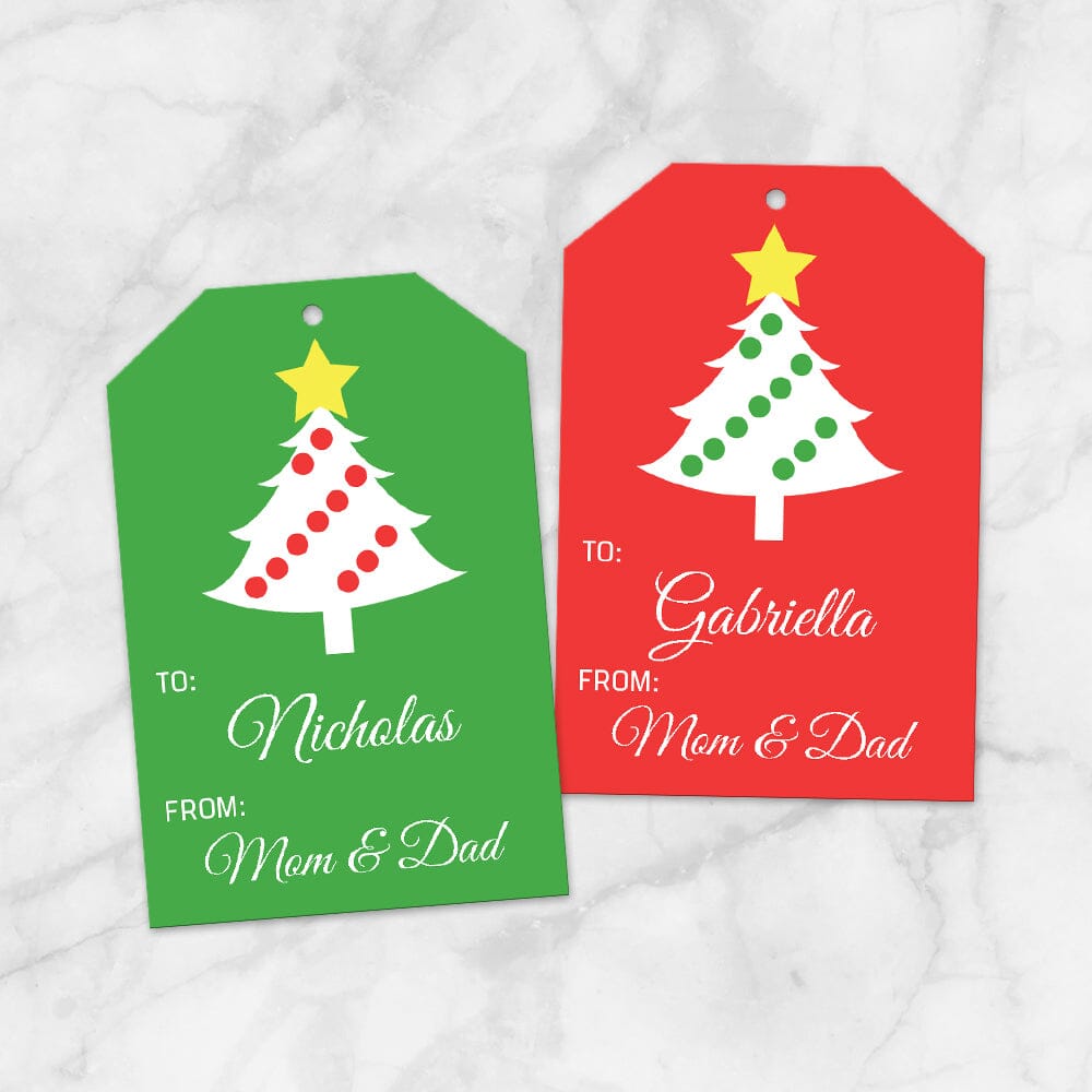 Printable Christmas Tree Red and Green Personalized Gift Tags at Printable Planning. Example of 2 gift tags.