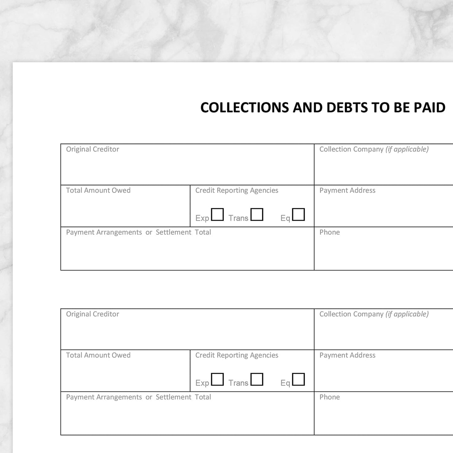 Printable Collections and Debts to be Paid - Tracking Sheet at Printable Planning. Closer view of the page.
