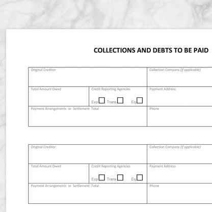 Printable Collections and Debts to be Paid - Tracking Sheet at Printable Planning. Closer view of the page.
