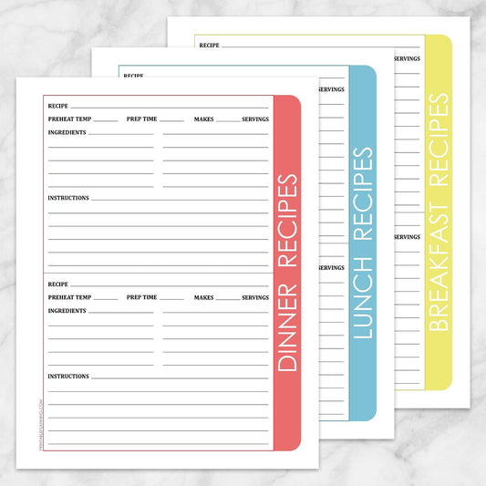 Printable Color Category Recipe Pages - Breakfast Lunch and Dinner 3-pack at Printable Planning.