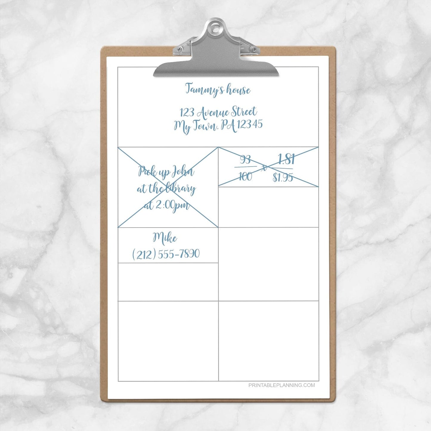 Printable Compartmentalized Scratch Paper - Half Page at Printable Planning. Example of half page on mini clipboard.