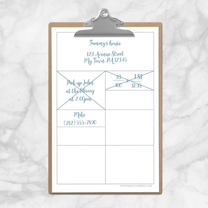 Printable Compartmentalized Scratch Paper - Half Page at Printable Planning. Example of half page on mini clipboard.