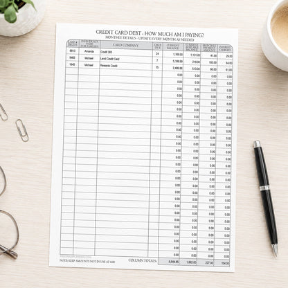 Sheet of paper with a credit card debt tracking list on a desk with a pen and glasses.