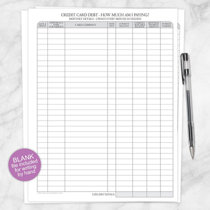 Blank credit card debt tracking sheet with a pen on a marble surface