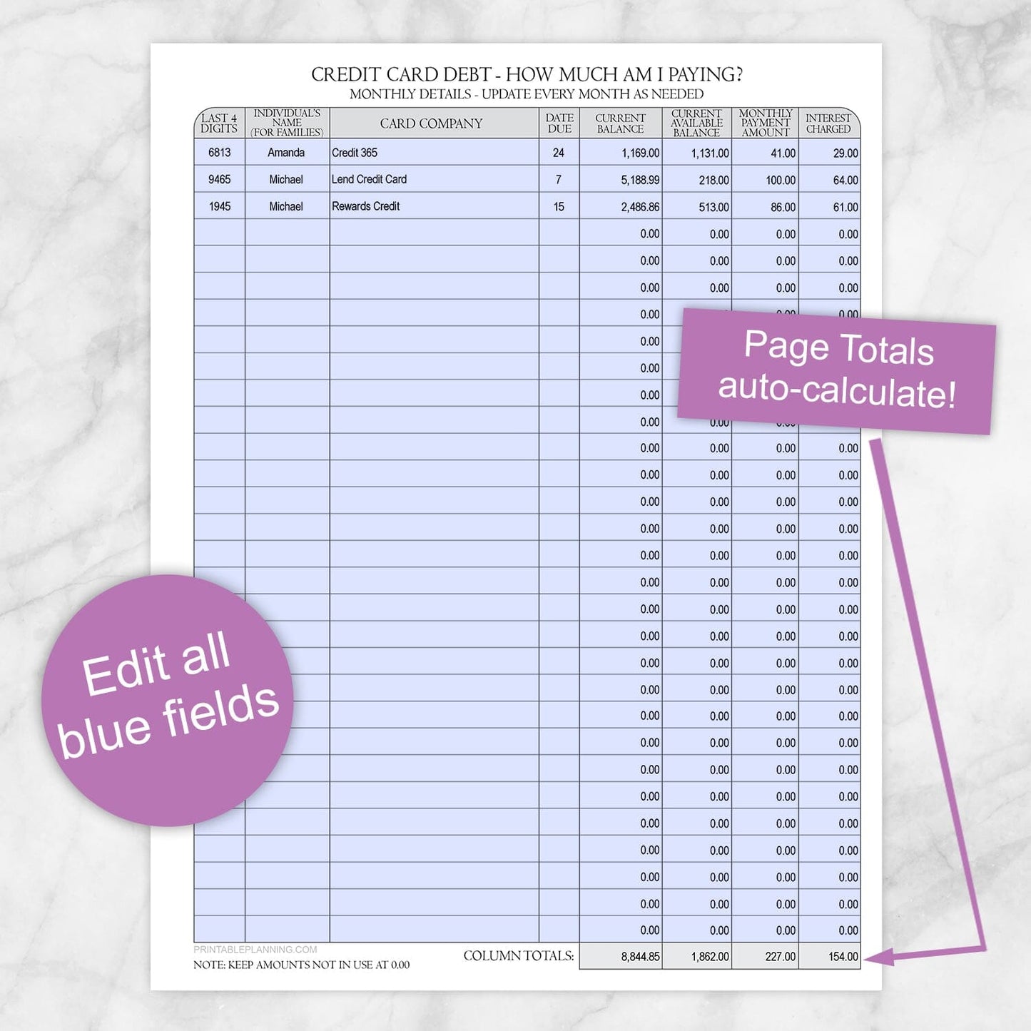 Printable Credit Card Debt Tracker with Auto-Calculating Totals, displaying the editable fields in blue, shown on a marble surface.