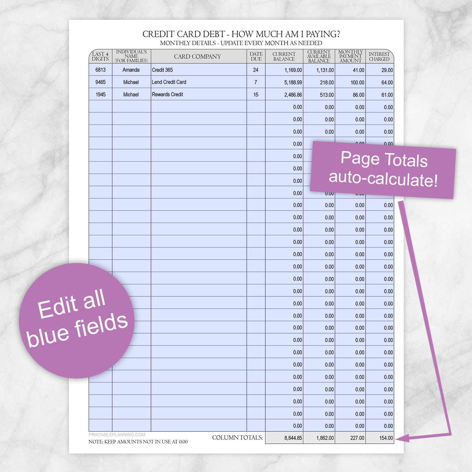Printable Credit Card Debt Tracker with Auto-Calculating Totals, displaying the editable fields in blue, shown on a marble surface.