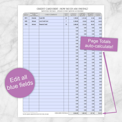 Printable Credit Card Debt Tracker with Auto-Calculating Totals, displaying the editable fields in blue, shown on a marble surface.