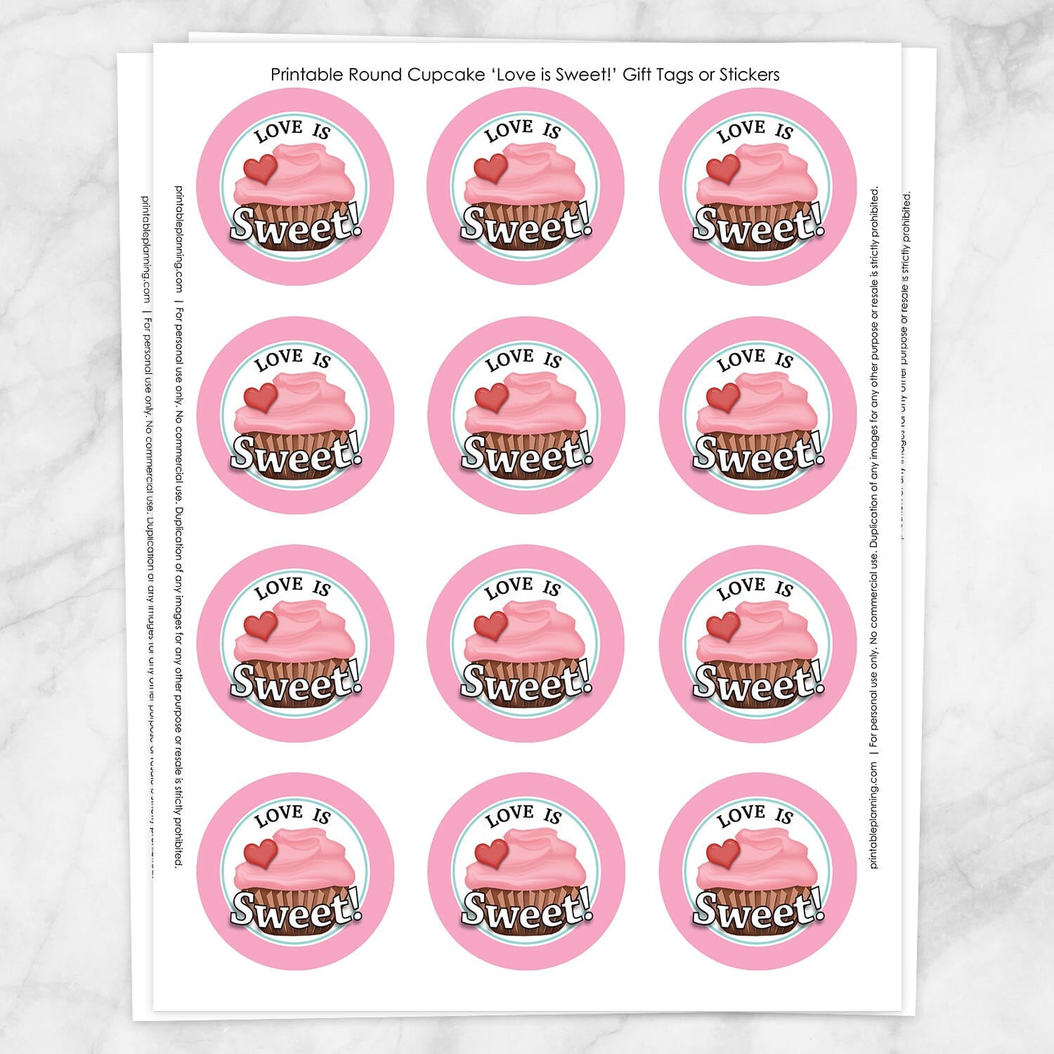 Printable Cupcake "Love is Sweet!" Favor Stickers at Printable Planning. Sheet of 12 stickers.