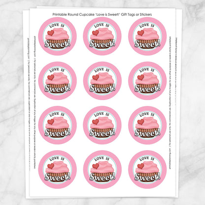 Printable Cupcake "Love is Sweet!" Favor Stickers at Printable Planning. Sheet of 12 stickers.