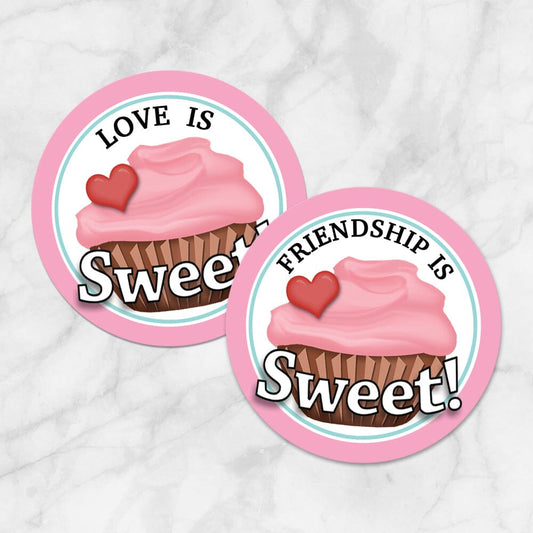 Printable Cupcake "Love is Sweet!" and "Friendship is Sweet!" Favor Stickers at Printable Planning. Example of each sticker.