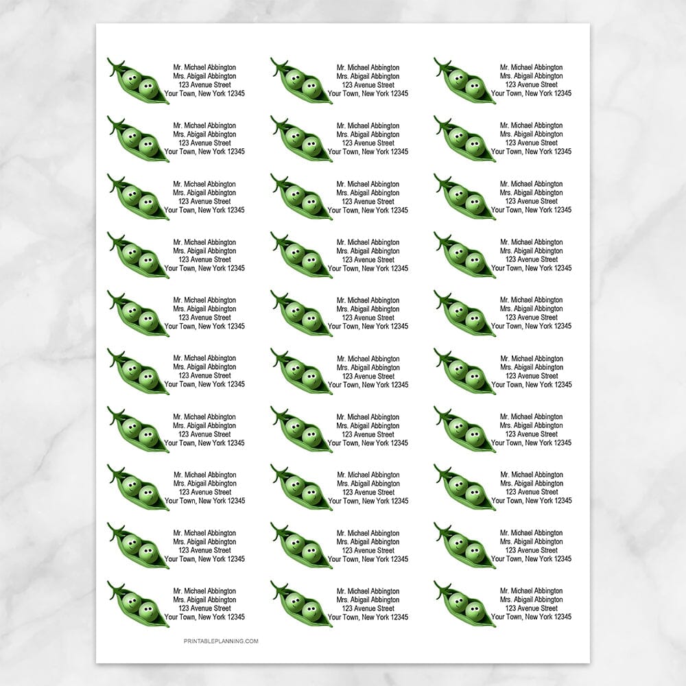 Printable Cute 2 Peas in a Pod Address Labels at Printable Planning. Sheet of 30 labels.