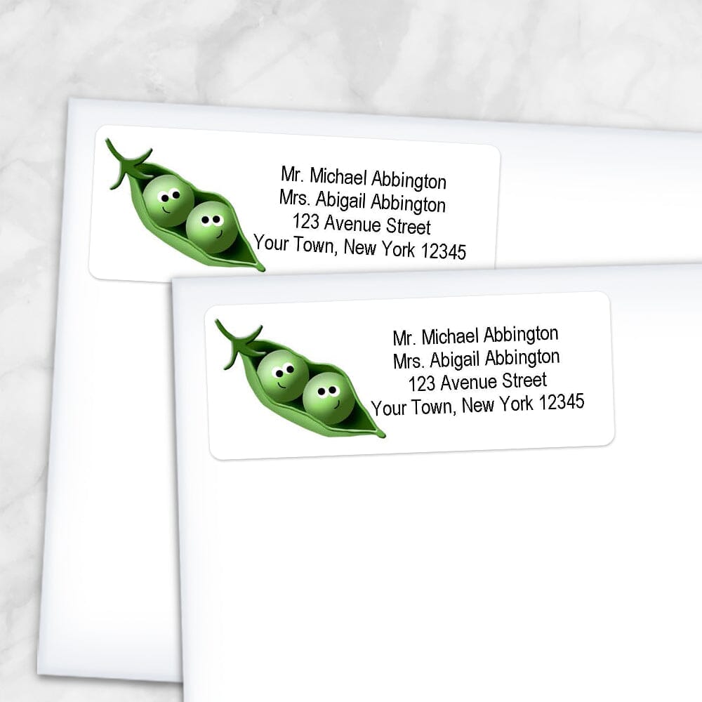 Printable Cute 2 Peas in a Pod Address Labels at Printable Planning. Shown on envelopes.