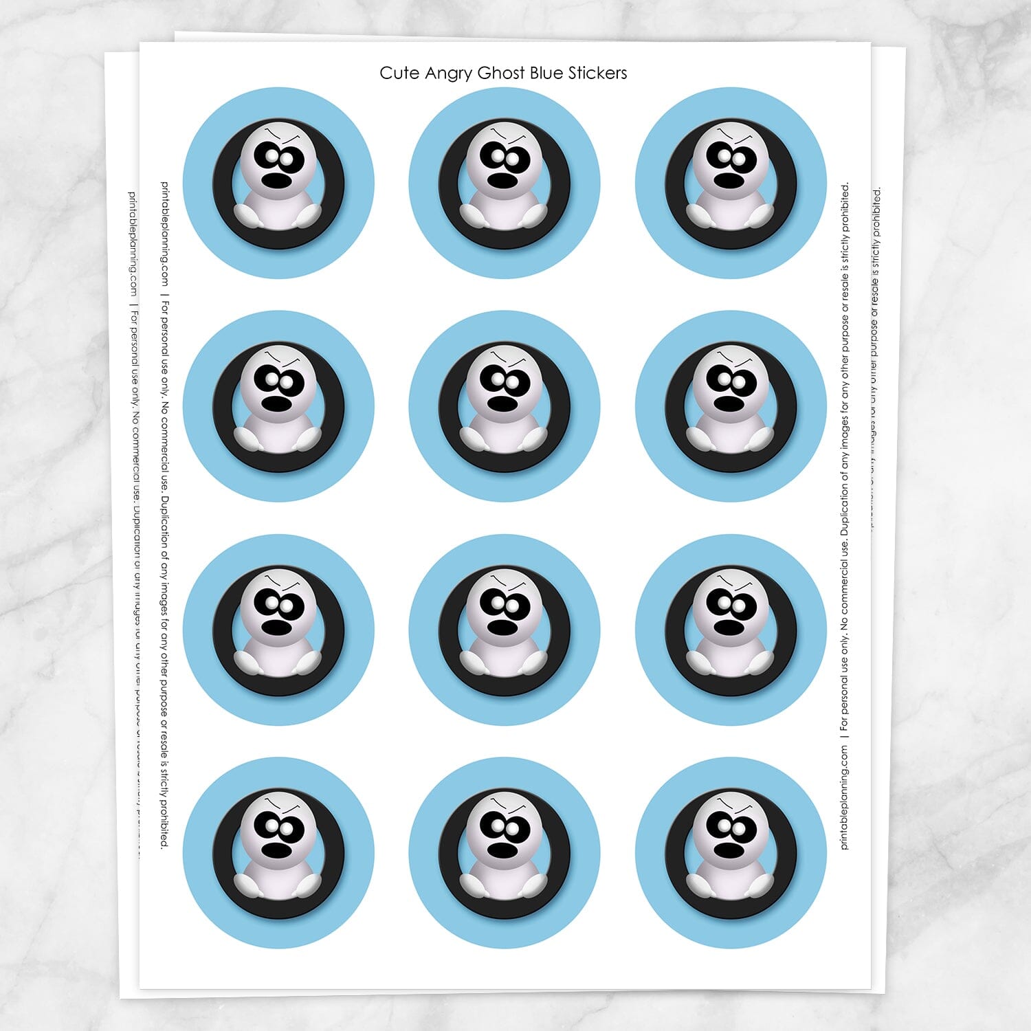 Printable Cute Angry Ghost Halloween Stickers in Blue at Printable Planning. Sheet of 12 stickers.