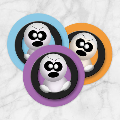 Printable Cute Angry Ghost Halloween Stickers - Blue Orange Purple at Printable Planning. Example of 3 stickers.