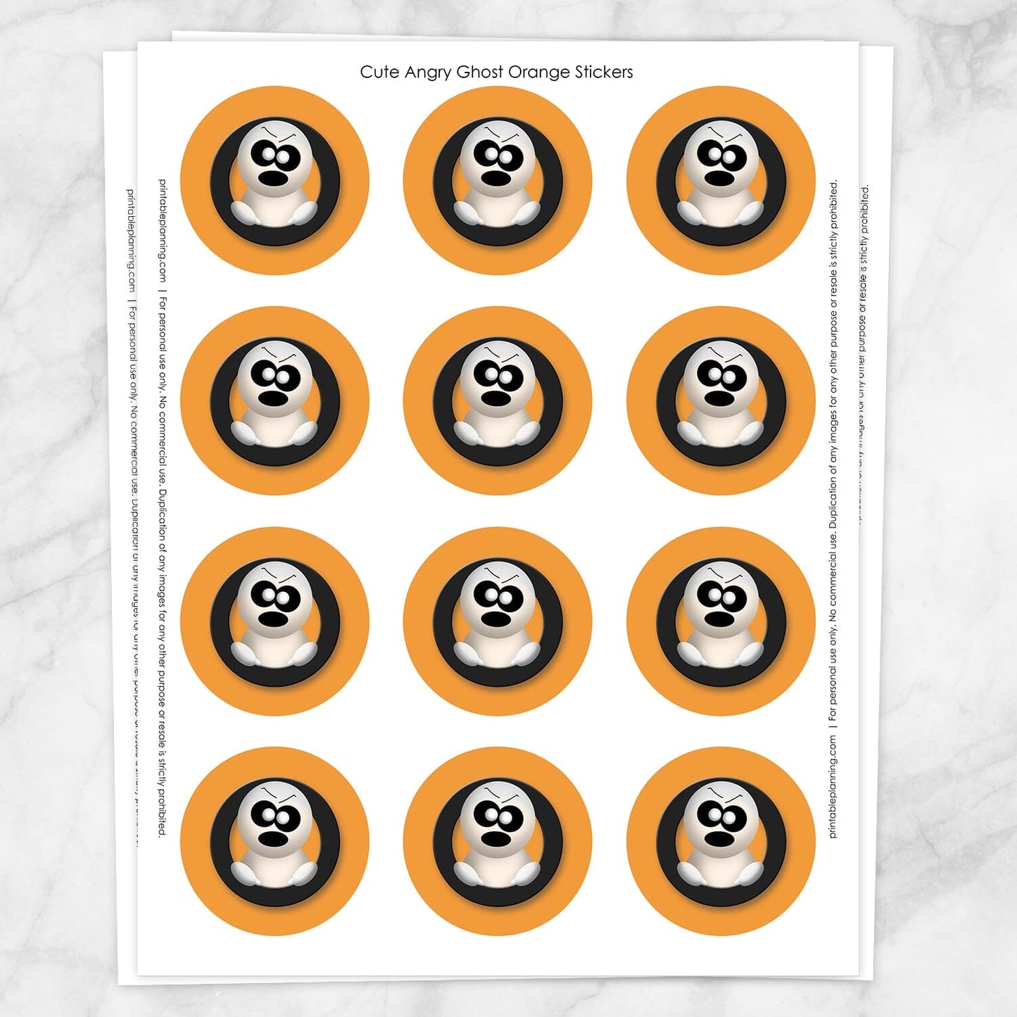 Printable Cute Angry Ghost Halloween Stickers in Orange at Printable Planning. Sheet of 12 stickers.