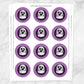 Printable Cute Angry Ghost Halloween Stickers in Purple at Printable Planning. Sheet of 12 stickers.
