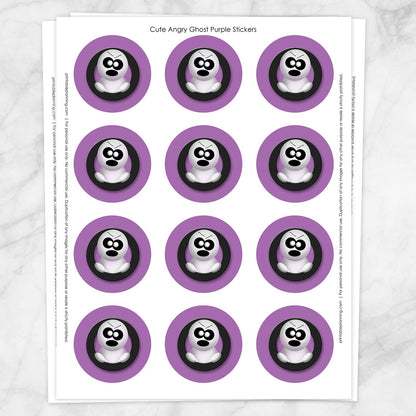 Printable Cute Angry Ghost Halloween Stickers in Purple at Printable Planning. Sheet of 12 stickers.