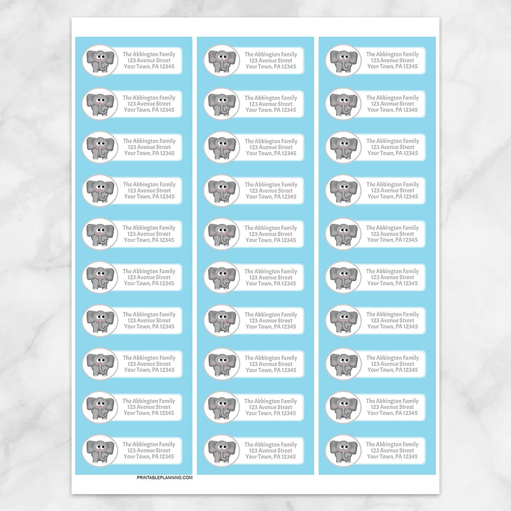 Printable Cute Elephant Blue Background Address Labels at Printable Planning. Sheet of 30 labels. 