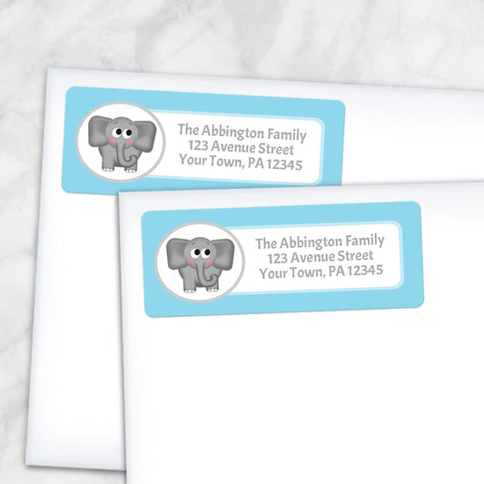 Printable Cute Elephant Blue Background Address Labels at Printable Planning. Shown on envelopes. 