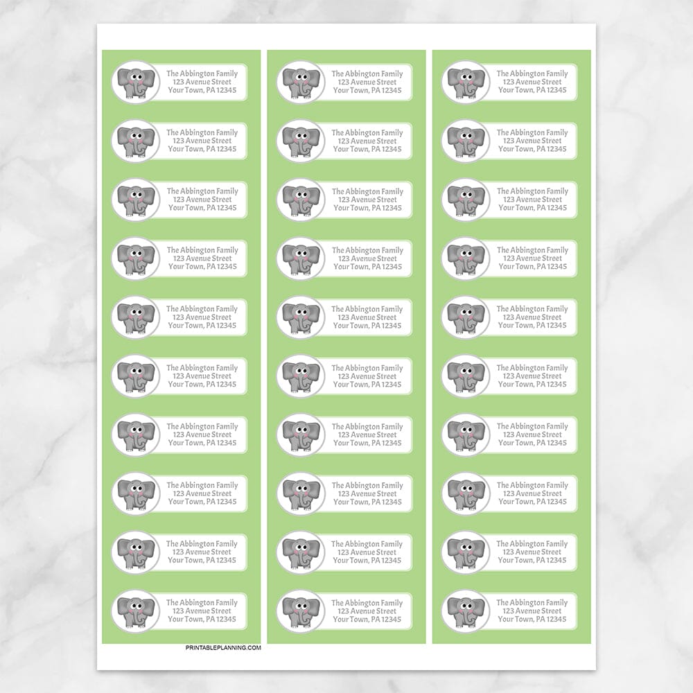 Printable Cute Elephant Green Background Address Labels at Printable Planning. Sheet of 30 labels.