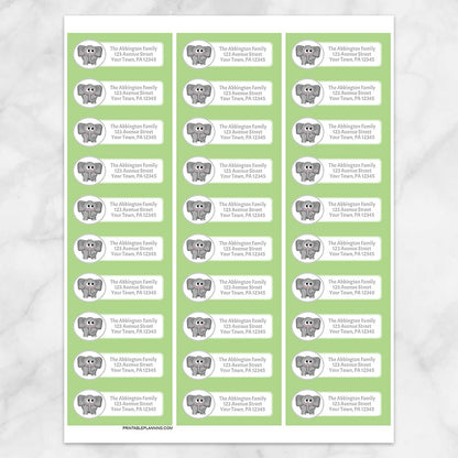 Printable Cute Elephant Green Background Address Labels at Printable Planning. Sheet of 30 labels.