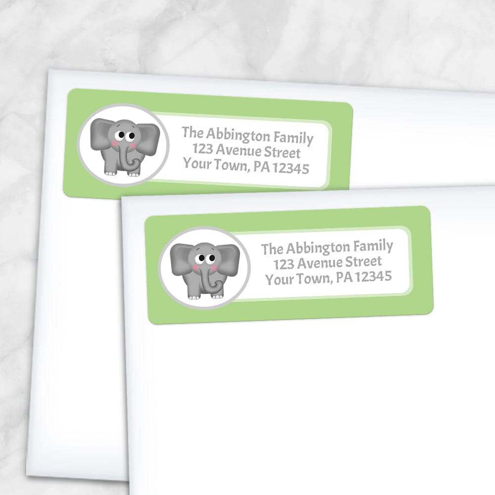 Printable Cute Elephant Green Background Address Labels at Printable Planning. Shown on envelopes. 