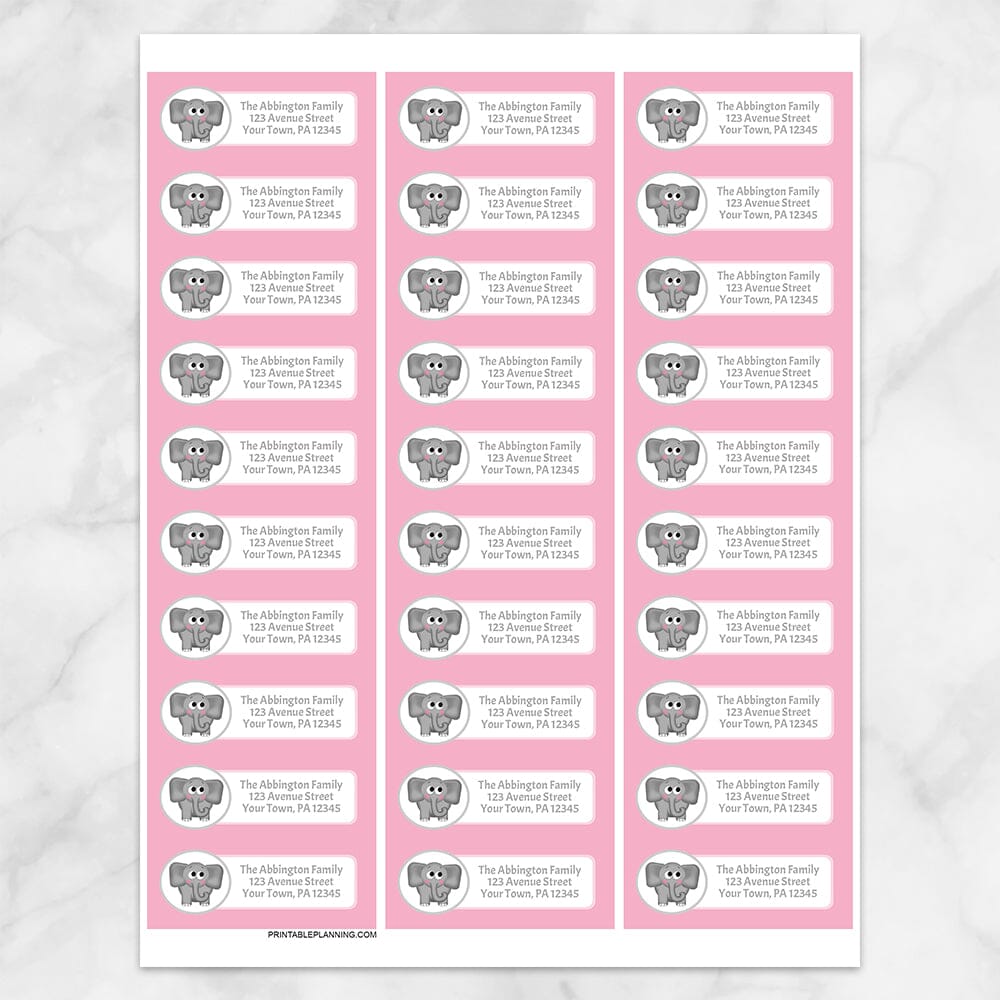 Printable Cute Elephant Pink Background Address Labels at Printable Planning. Sheet of 30 labels.