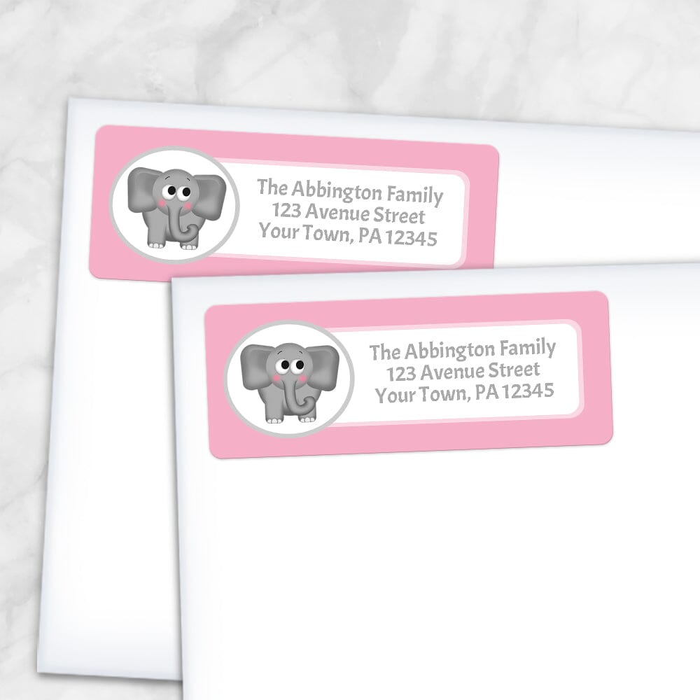 Printable Cute Elephant Pink Background Address Labels at Printable Planning. Shown on envelopes.