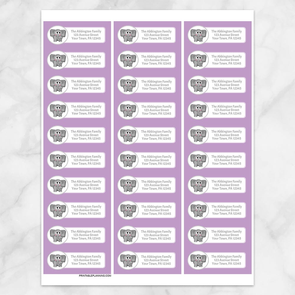 Printable Cute Elephant Purple Background Address Labels at Printable Planning. 30 labels per sheet.