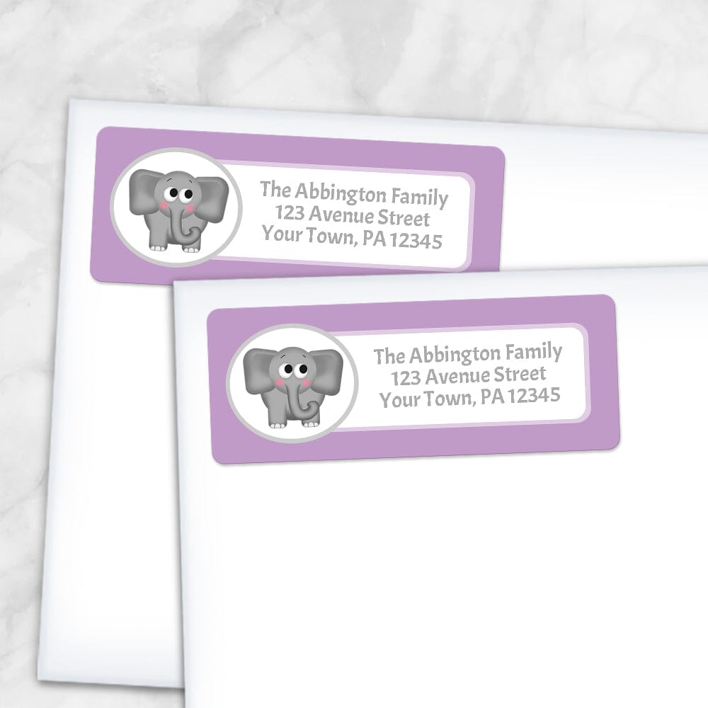 Printable Cute Elephant Purple Background Address Labels at Printable Planning. Labels are shown on envelopes.