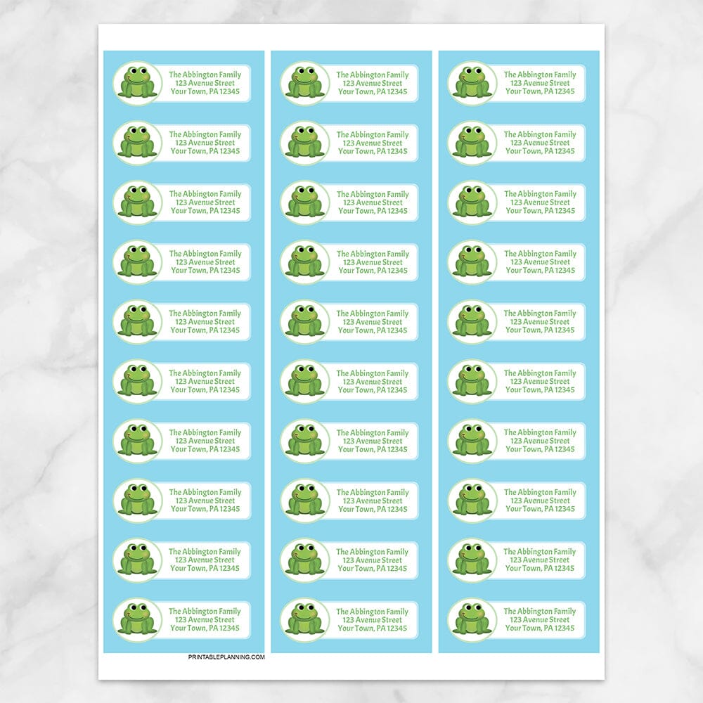 Printable Cute Frog Blue Background Address Labels at Printable Planning. Sheet of 30 labels.