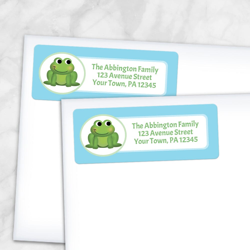 Printable Cute Frog Blue Background Address Labels at Printable Planning. Shown on envelopes.
