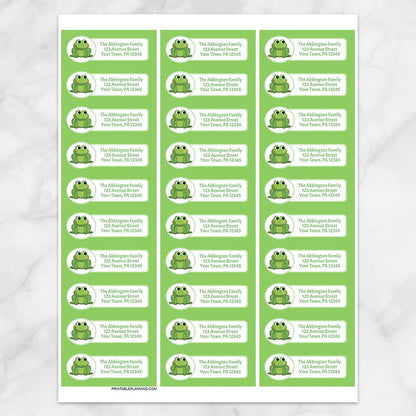 Printable Cute Frog Green Background Address Labels at Printable Planning. Sheet of 30 labels.