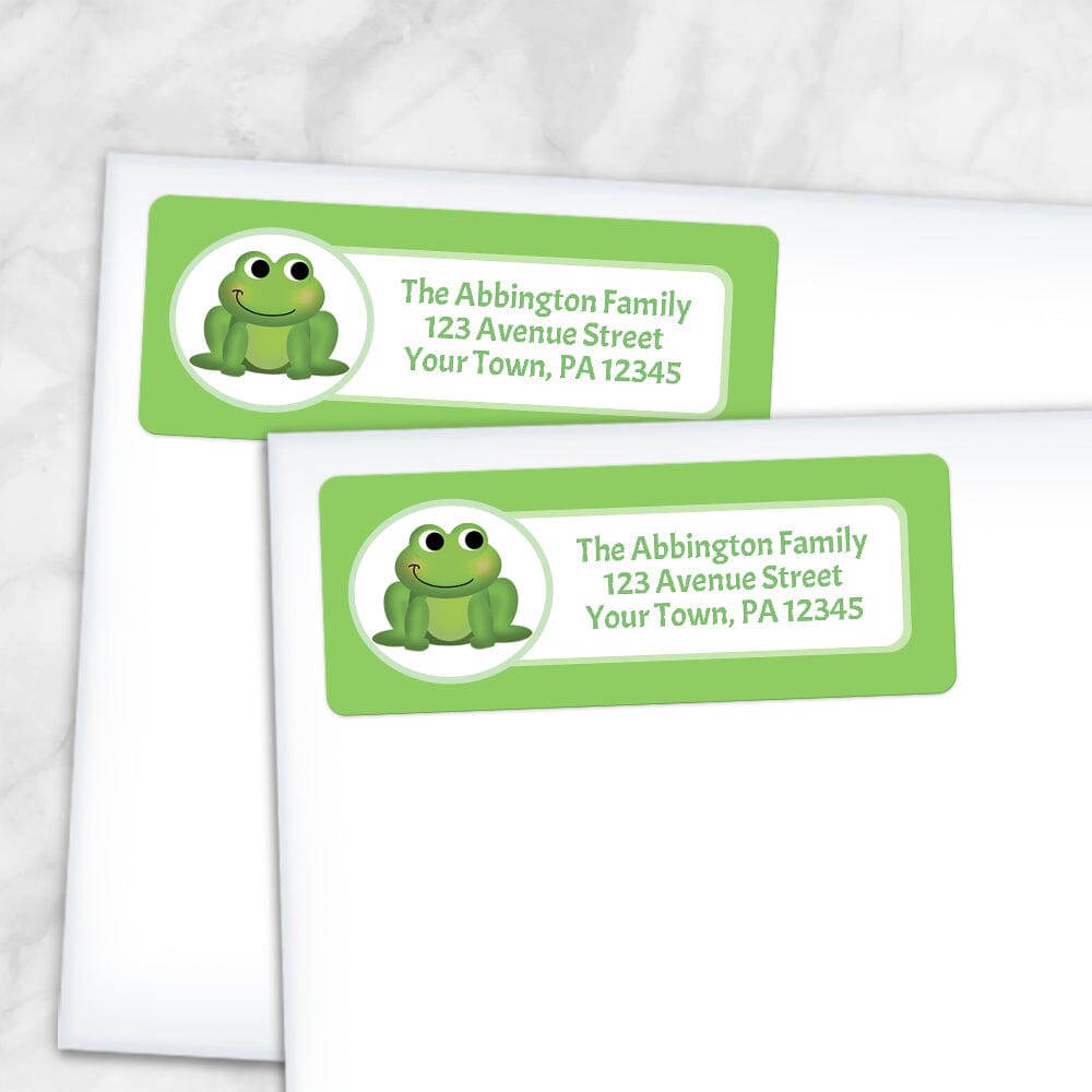 Printable Cute Frog Green Background Address Labels at Printable Planning. Shown on envelopes.