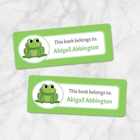 Printable Cute Frog Green Bookplate Labels for Name Labeling Books at Printable Planning. Example of 2 labels.