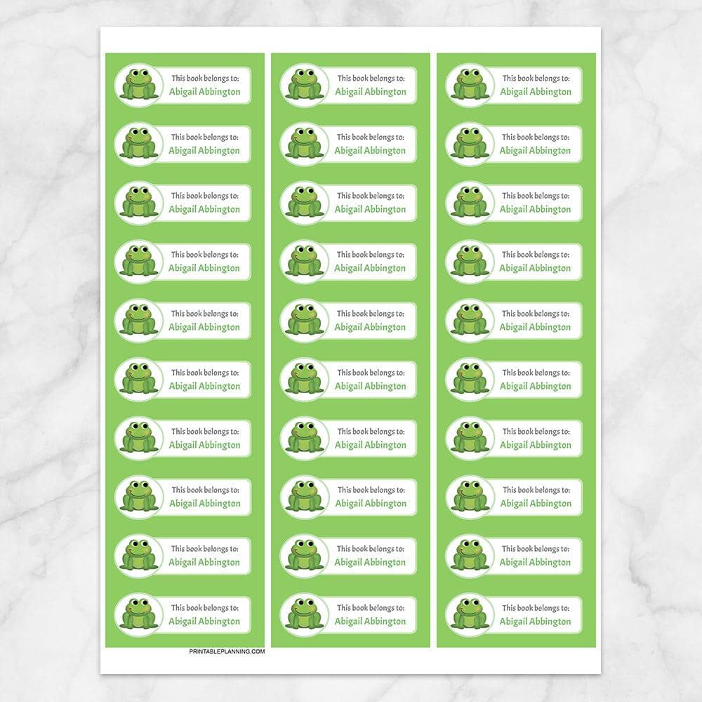 Printable Cute Frog Green Bookplate Labels for Name Labeling Books at Printable Planning. Sheet of 30 labels.
