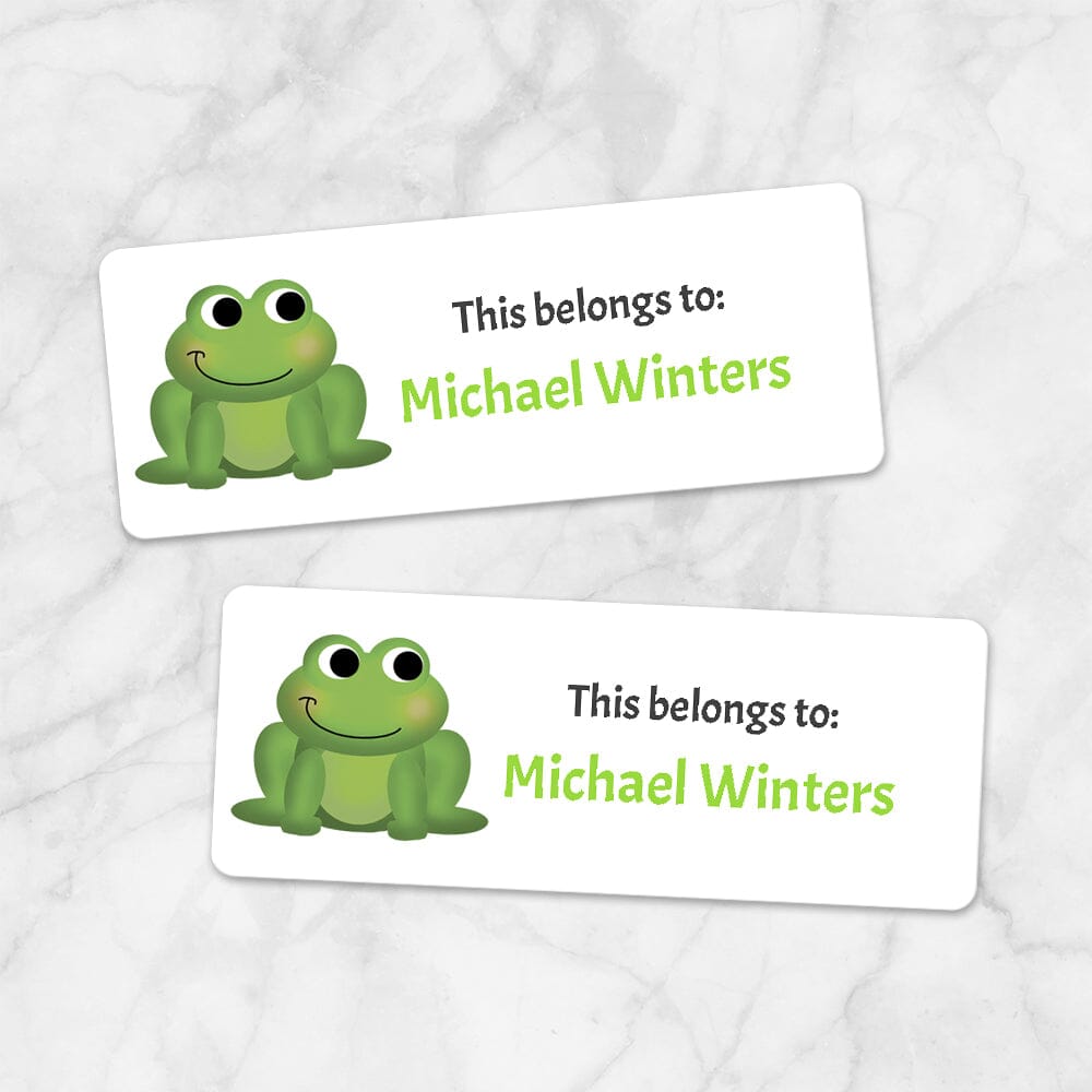 Printable Cute Frog Name Labels for School Supplies at Printable Planning. Example of 2 labels.