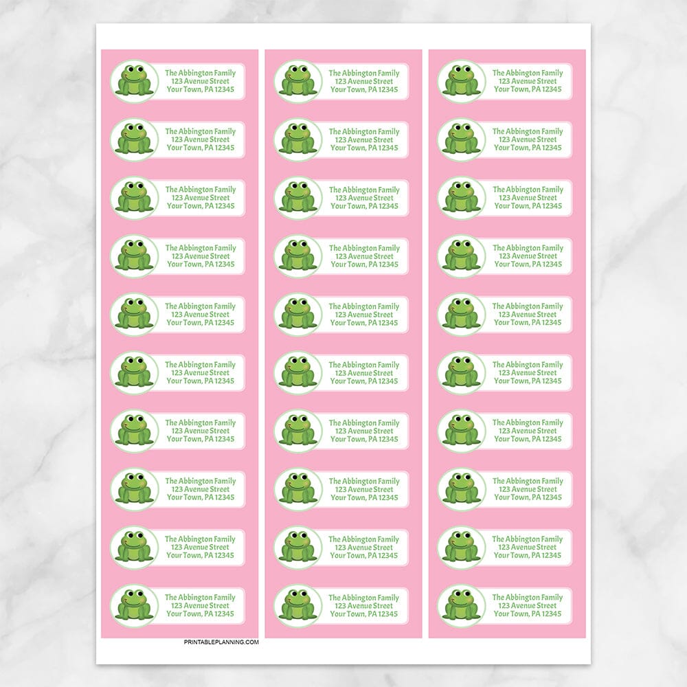Printable Cute Frog Pink Background Address Labels at Printable Planning. Sheet of 30 labels.