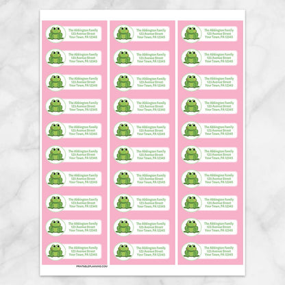 Printable Cute Frog Pink Background Address Labels at Printable Planning. Sheet of 30 labels.