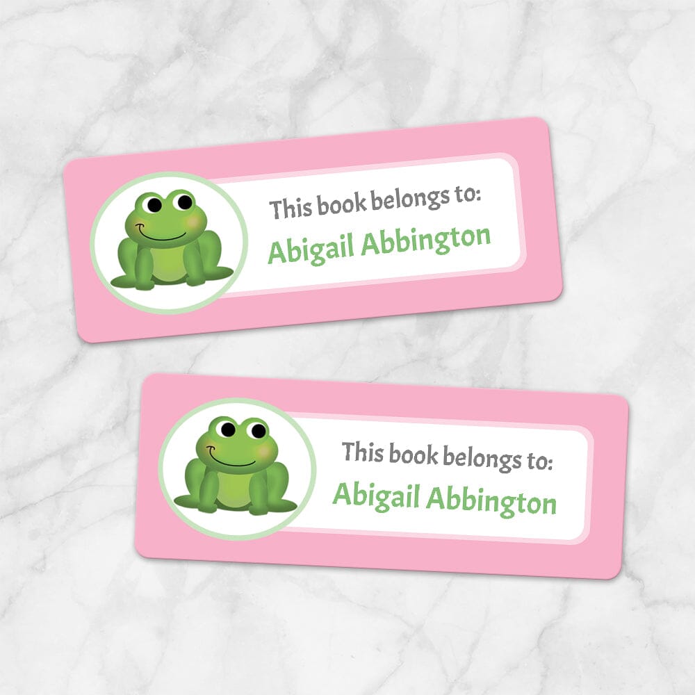 Printable Cute Frog Pink Bookplate Labels for Name Labeling Books at Printable Planning. Example of 2 labels.